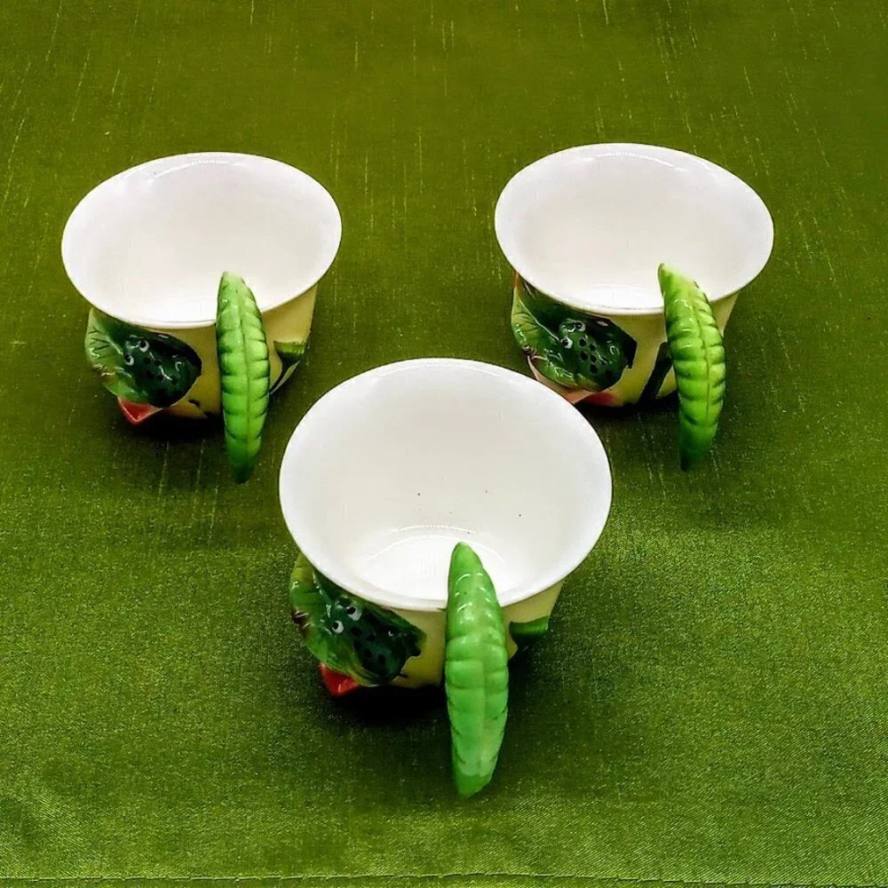 White Porcelain Cups Applied Green Frog & Flower (3)
